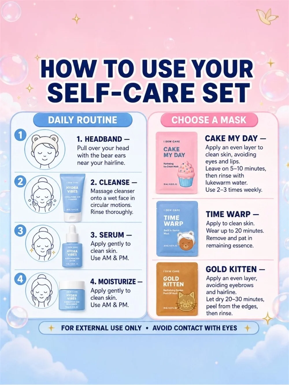 I Dew Care Double Self Care Skincare Mask Bundle Headbands New